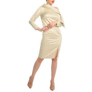 NEW CENIA asymmetrical shoulder metallic sheath dress in beige silver